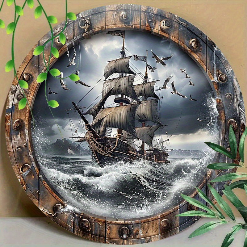 

1pc 20x20cm Round Metal Aluminum Mark Pirate Ship Sign, Adventurer Sign, Oil Painting Style, Surreal Style For Home, Living Room, Coffee Shop, Office, Wall Decoration Art