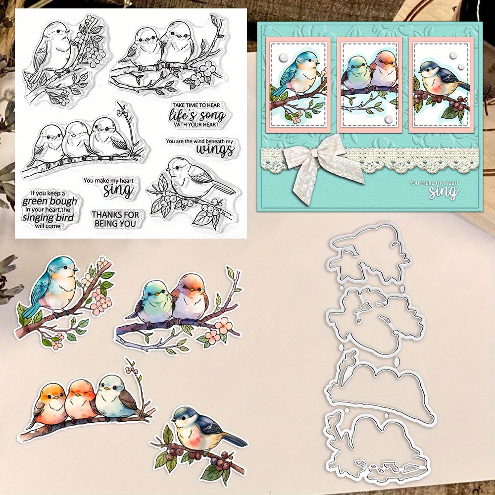

Mangocraft Spring Sparrow Birds Clear Stamp And Cutting Dies Set, Greeting Card Decoration Stencil, Diy Scrapbooking Metal Dies And Silicone Stamps For Cards Albums