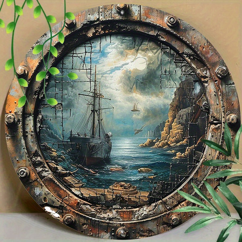 

1pc 20x20cm Round Metal Aluminum Mark Ship Ship Hole Wall Decor, In The Style Of Post-apocalyptic Surrealism, Fish-eye Lens, For Home, Living Room, Coffee Shop, Office, Wall Decoration Art