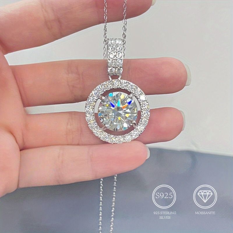 

1pc 1/2/3/4/5/10ct Fashion Sparkling Moissanite Pendant Necklace, Round Pendant Necklace, Birthday Anniversary Gift
