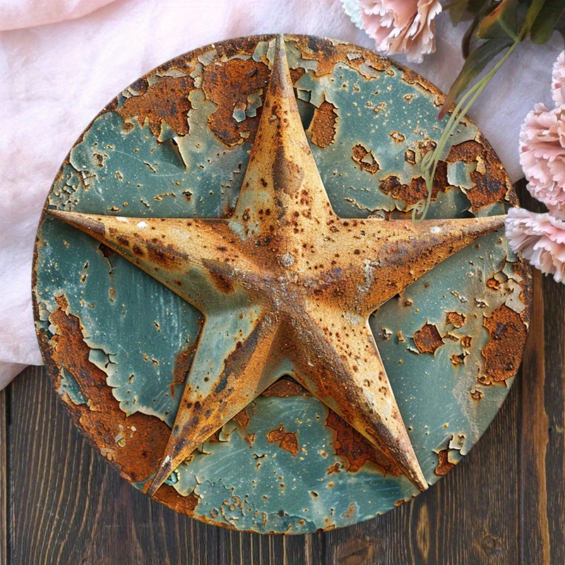 

1pc Rusty Stars Theme 8x8 Inch Spring Vintage Hippie Round Aluminum Wreath Sign For Apartment Decor And Man Cave Home Decor Cafe Decor