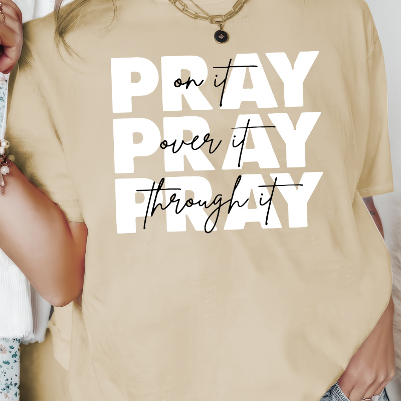 

Pray Print Drop Shoulder T-shirt, Short Sleeve Crew Neck Casual Top For Spring & Summer, Women's Clothing