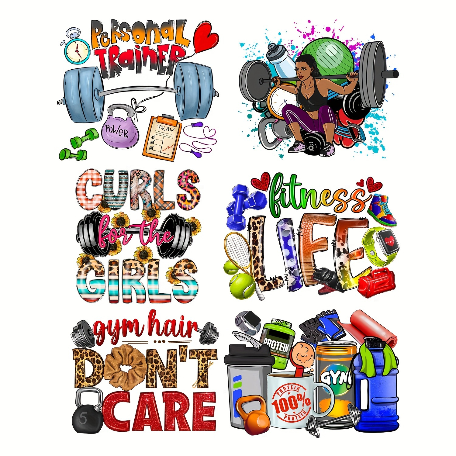 TEMU 6pcs Fitness-themed Heat Transfer Vinyl Decals - Vibrant Gym Motivational Designs With Barbells, Dumbbells & "" Phrases - Durable Polyester