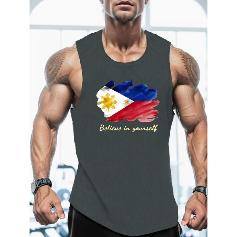 

Philippines Believe In Yourself Print Summer Men's Quick Dry Moisture-wicking Breathable Tank Tops, Athletic Gym Bodybuilding Sports Sleeveless Shirts, For Running Training, Men's Clothing