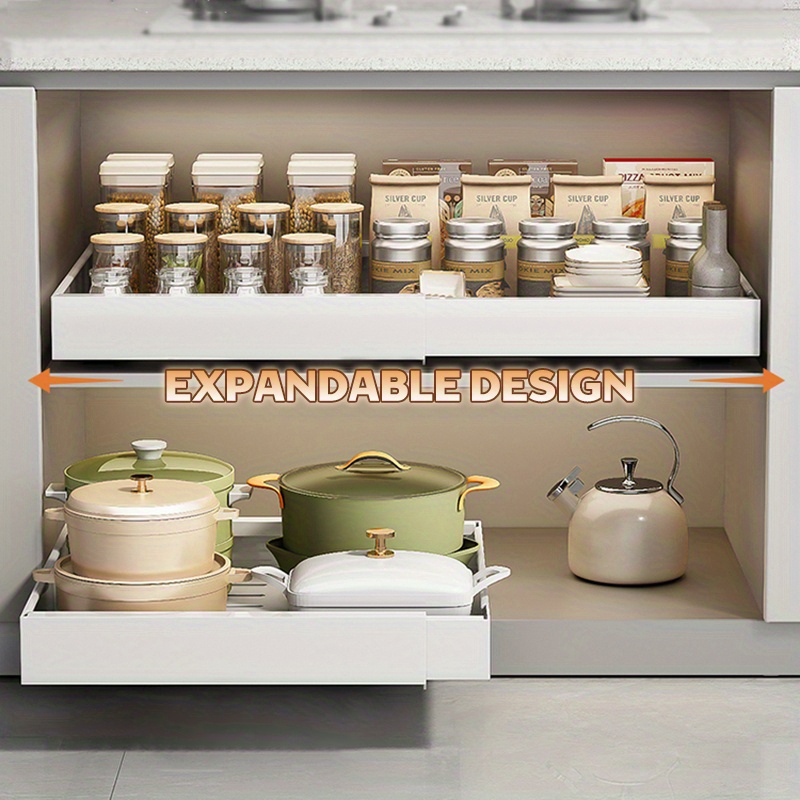 

1pc Expandable Pull-out Cabinet Organizer Rack, Adjustable Under Sink Cabinet Organizer, Multipurpose Metal Cabinet Drawer For Kitchen Spice, Pot And Dishes Storage, Perfectly Fit Your Kitchen Cabinet