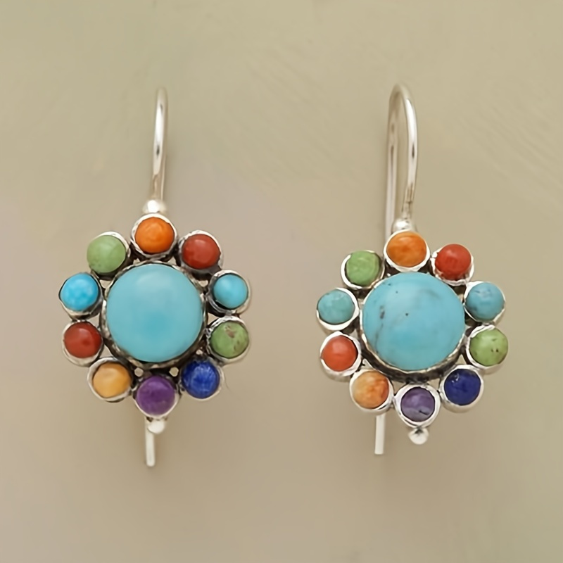 

Vintage Flower Colorful Turquoise Inlaid Dangle Earrings Retro Boho Style Silver Plated Jewelry Delicate Female Earrings