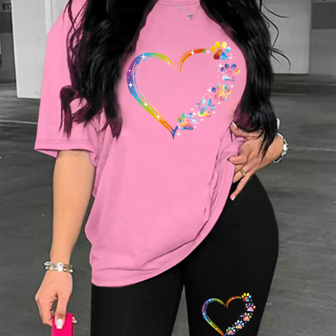 

Plus Size Colorful Heart Print Biker Shorts Set, Short Sleeve Crew Neck T-shirt & Biker Shorts, Women's Plus Size Clothing