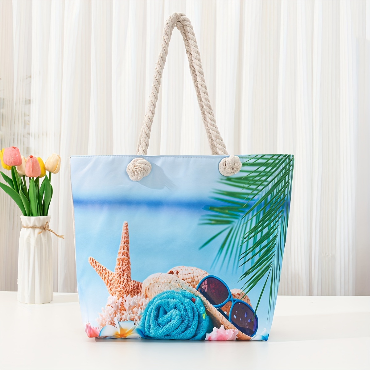 

Elegant Beach Printed Holiday Shoulder Bag, Large Capacity Casual Shopping Bag, Light Travel Handbag