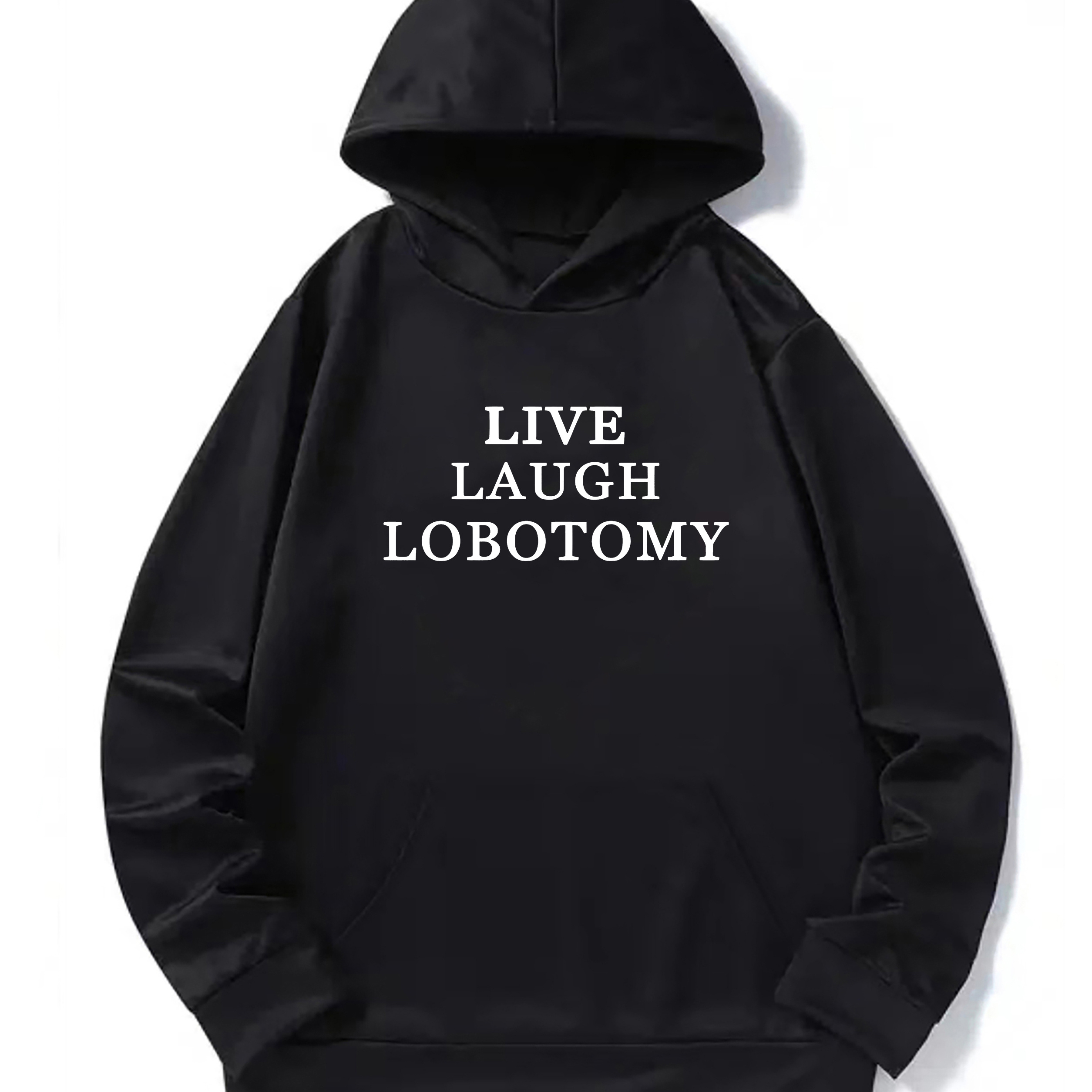 

Live Laugh Lobotomy Print Men's Pullover Round Neck Hoodies With Kangaroo Pocket & Long Sleeve Hooded Sweatshirt Loose Casual Top For Autumn Winter Men's Clothing As Gifts