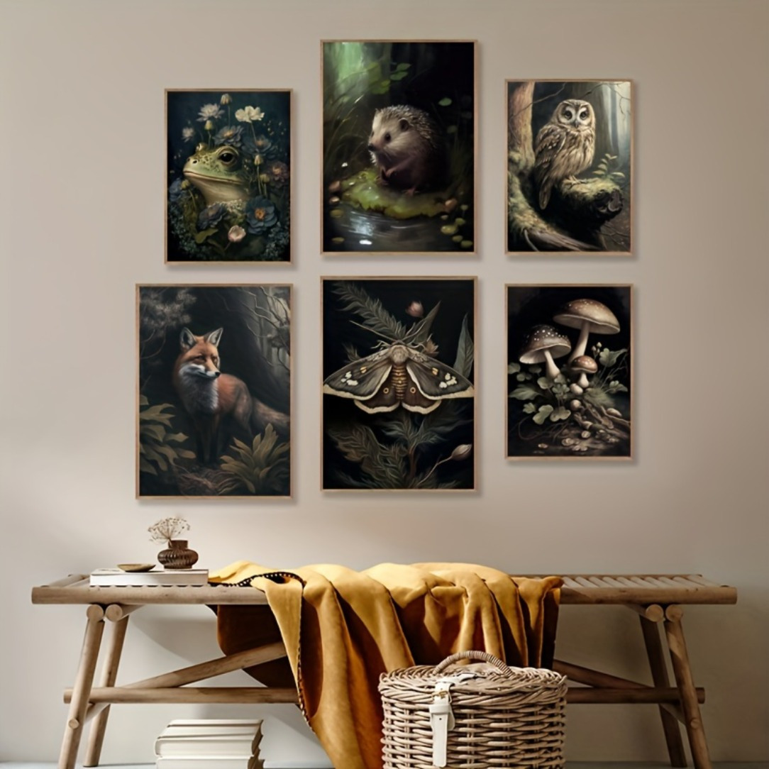 TEMU 6pcs Vintage Botanical & Insect Wall Art Set - Aesthetic Cottage Decor, Unframed Mushroom And Animal Prints For Bedroom, Room Decor