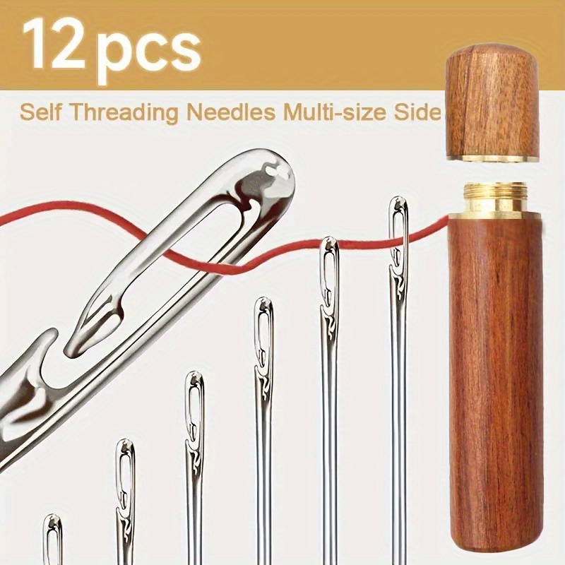 

Easy Self-threading Hand Sewing Needles, Assorted Sizes, Side Opening, Quick Threading Darning Needles With Wooden Storage Tube, Stitching Sewing Accessories