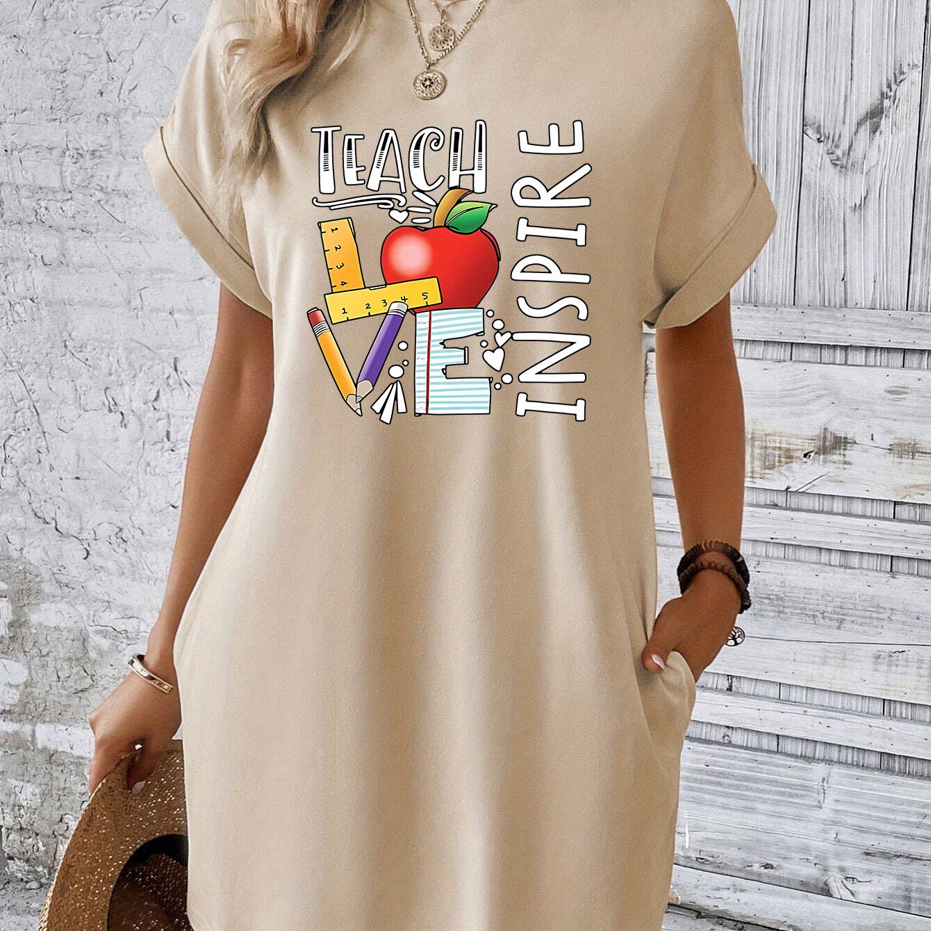 

Teach Live Print Pockets Tee Dress, Short Sleeve Crew Neck Casual Dress For Summer & Spring, Women's Clothing