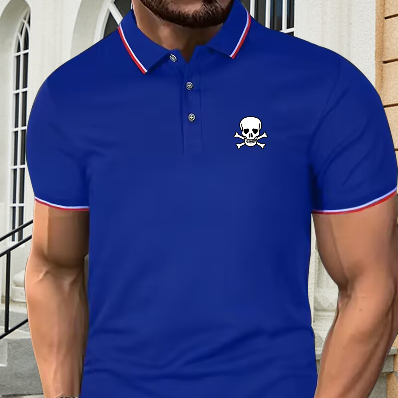 

Skull Print Summer Men's Fashionable Lapel Short Sleeve Golf T-shirt, Suitable For Commercial Entertainment Occasions, Such As Tennis And Golf, Men's Clothing, As Gifts