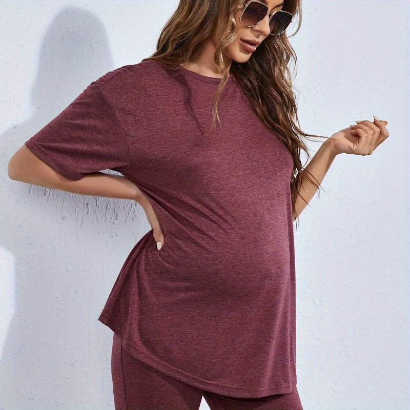 

Women's Solid Color Maternity T-shirt And Shorts Set, Casual Pregnancy Outfit