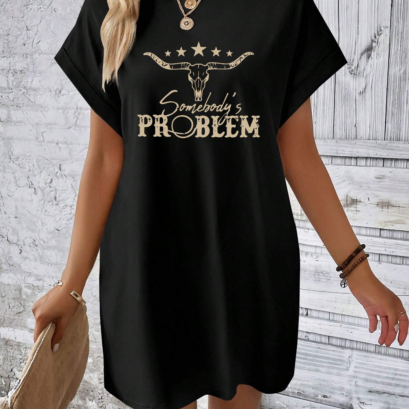 

Cow Head Print Tee Dress, Short Sleeve Crew Neck Casual Dress For Summer & Spring, Women's Clothing