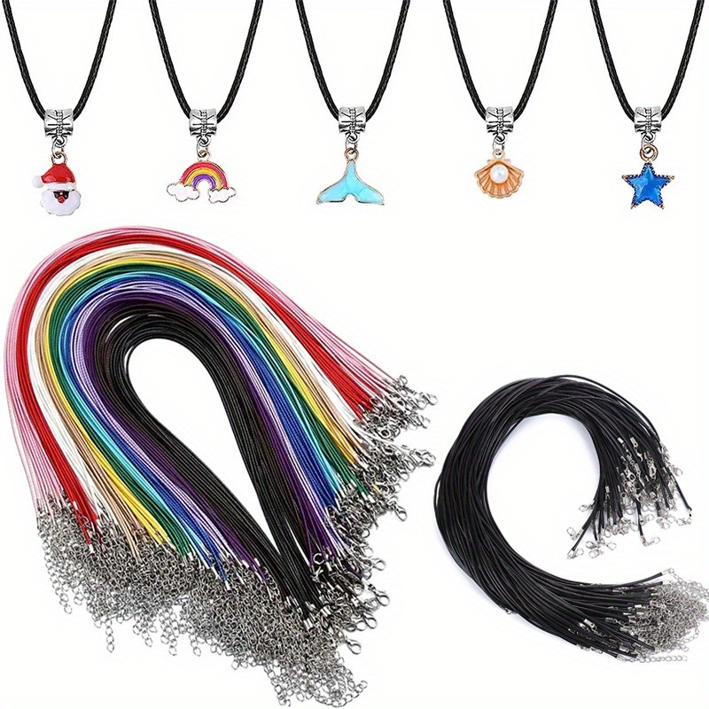 

50pcs Multicolor Rainbow & Black Waxed Leather Necklace Cord Set With Lobster Clasp, 2mm Diameter Adjustable Rope Chains For Diy Charms, Pendants, Bracelets & Jewelry Making Supplies