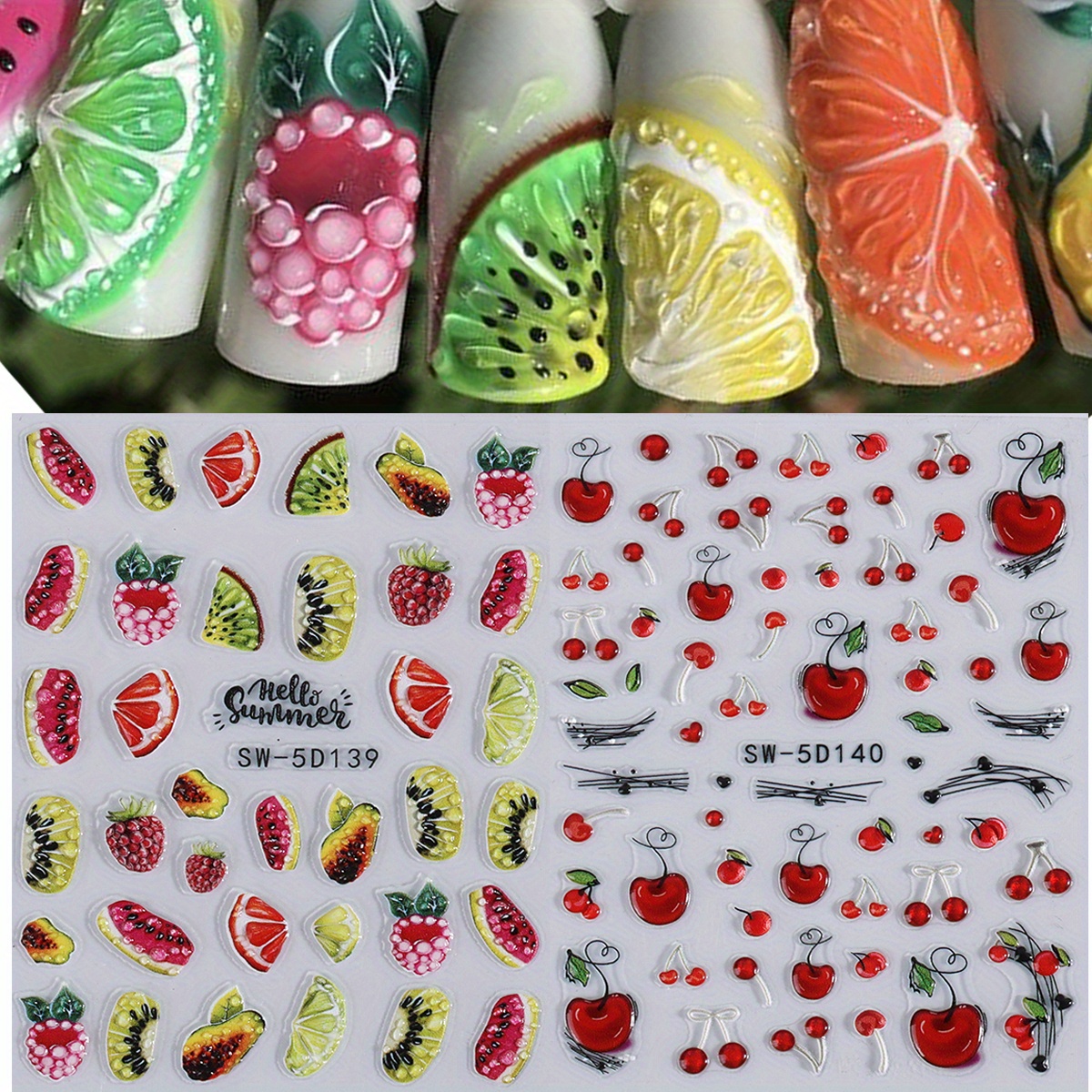 TEMU 2 Sheets Summer Design 5d Nail Stickers Fruits Grape Watermelon Kiwi With Water Drop Type Embossed Relief Decals Nail Sliders Manicure Decoration Nail Supplies For Women
