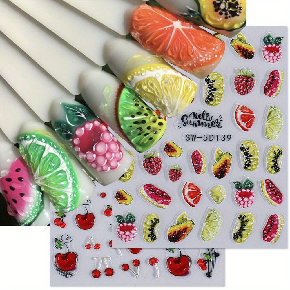 

2 Sheets Summer Design 5d Nail Stickers Fruits Grape Watermelon Kiwi With Water Drop Type Embossed Relief Decals Nail Sliders Manicure Decoration Nail Supplies For Women