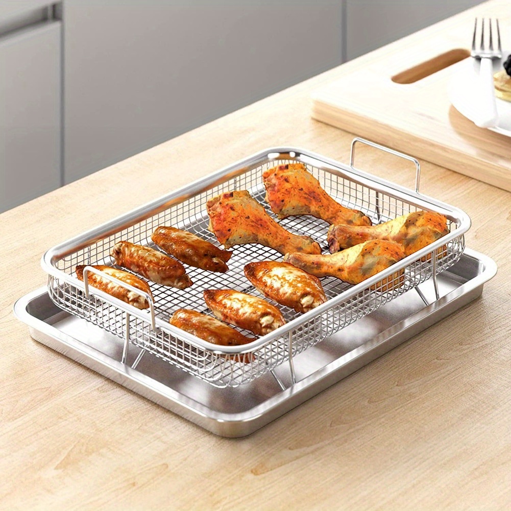 

2pcs Stainless Steel Oblong Roasting Pans - Non-stick Air Fryer Basket Set, Deluxe Oven Crisper Tray Combo For Grilling & Baking