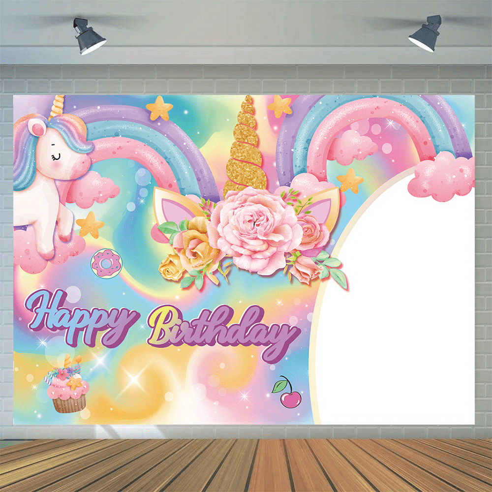 

1pc, Vinyl Happy Birthday Photography Backdrop (70.9"x43.3"), Rainbow Cute Themed Party Decor, Cake Table Banner, Photo Booth Props For Birthday Celebrations
