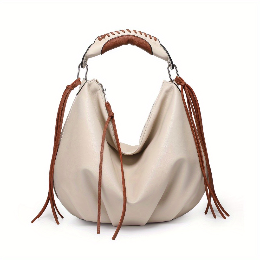 

Women Hobo Bag, Tote Bag With Contrast Woven Handle, Trendy Cloud Ruched Shoulder Bag