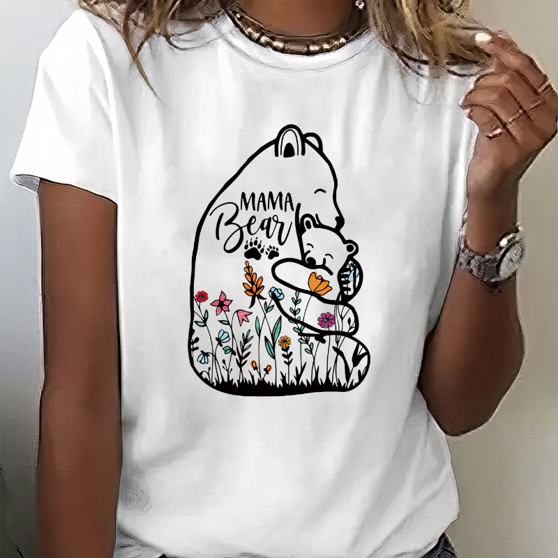 

Bear Mom Print T-shirt, Short Sleeve Crew Neck Casual Top For Summer & Spring, Women's Clothing