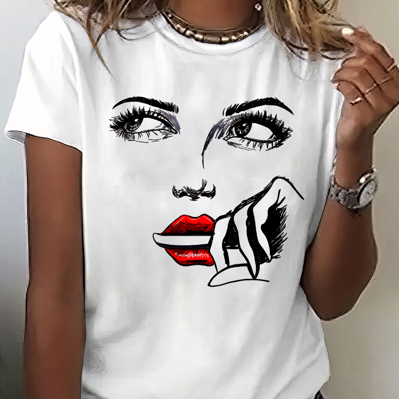 

Woman's Face Print T-shirt, Short Sleeve Crew Neck Casual Top For Summer & Spring, Women's Clothing