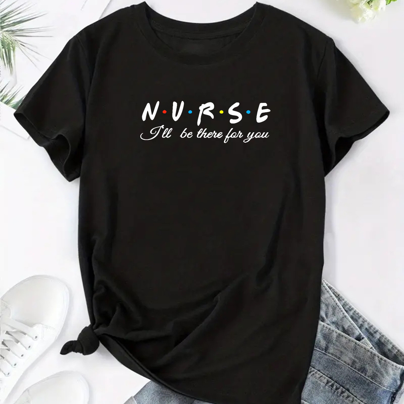 

Nurse Print Crew Neck T-shirt, Short Sleeve Casual Top For Summer & Spring, Women's Clothing