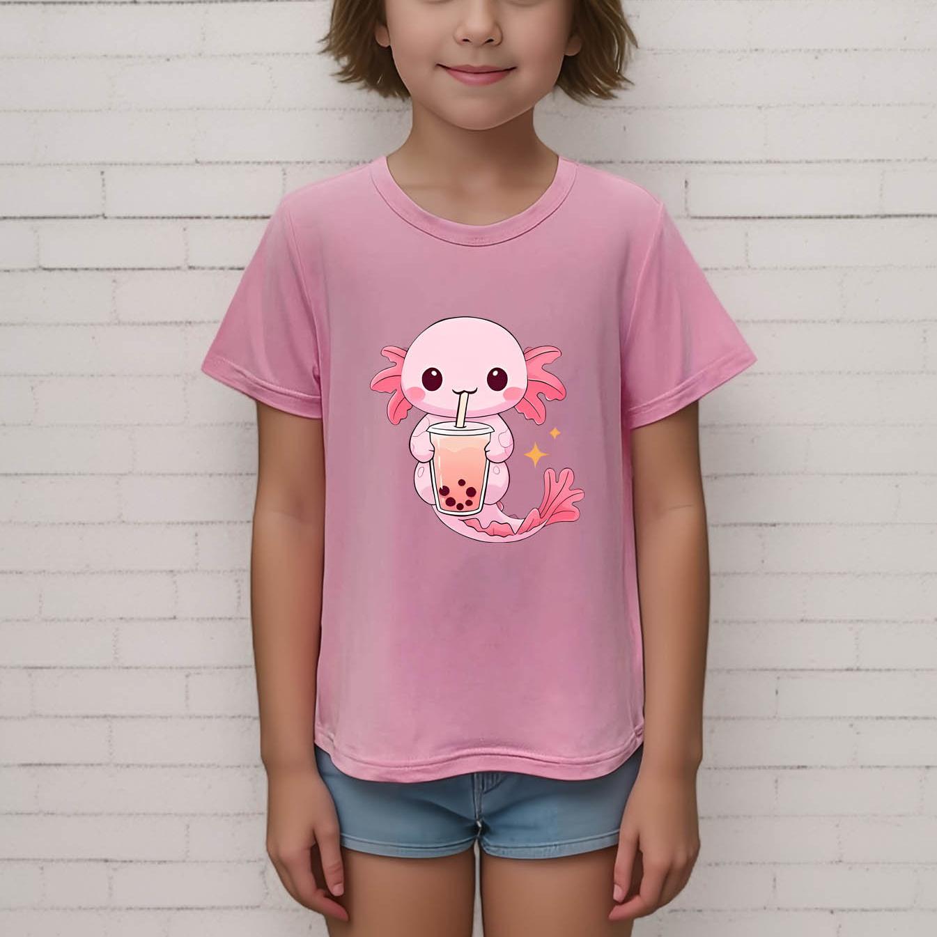 

Cute Anime Axolotl With Bubble Tea Graphic Print, Girls' Comfy & Loose T-shirts, Top Clothes For Spring & Summer For Outdoor Activities