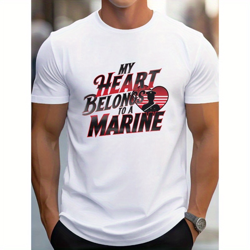 

My Heart Belongs To A Marine Print Tee Shirt, Tees For Men, Casual Short Sleeve T-shirt For Summer