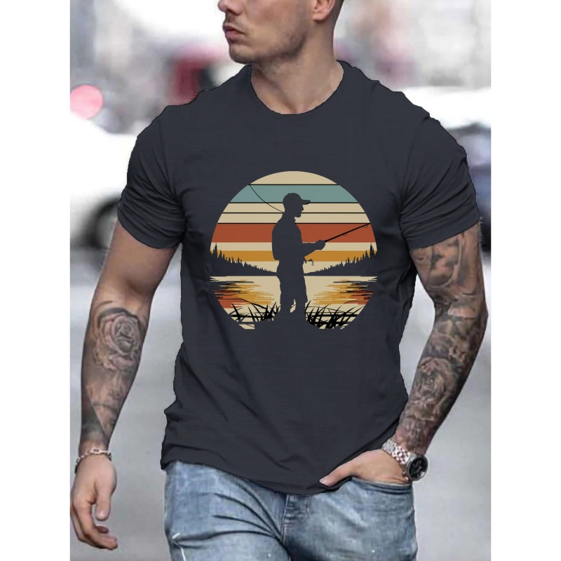 

Fishing Print Tee Shirt, Tees For Men, Casual Short Sleeve T-shirt For Summer