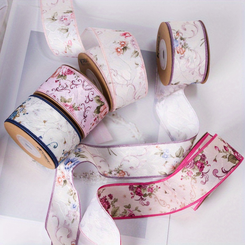 

Floral Satin Ribbon - White, Fuchsia, Pink, Blue, Purple - 100cm/39.37in X 4cm/1.57in - Sewing, Crafting, And Decoration