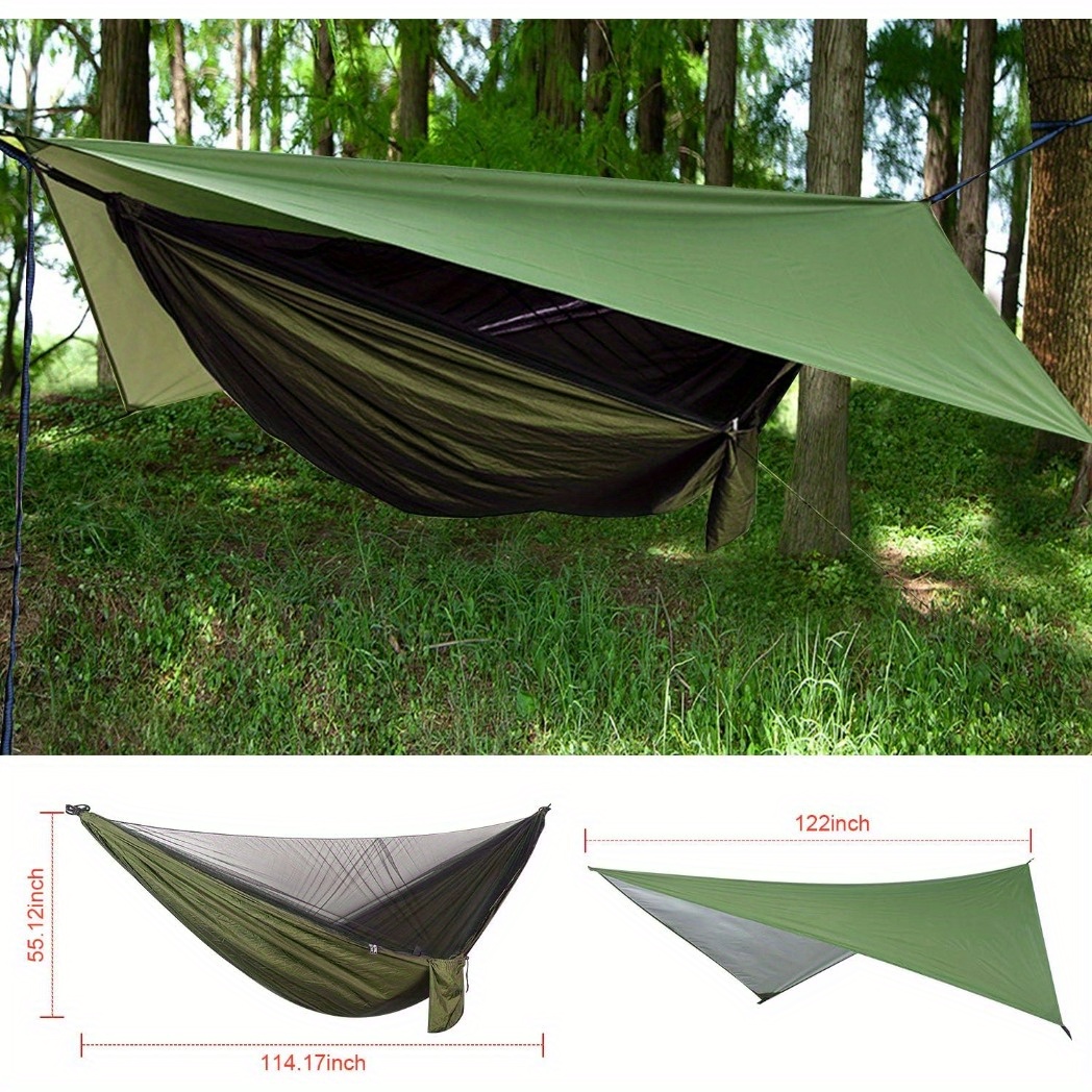 

1pc Camping Hammock With Rain Fly Tarp And Net, Portable Single Double Hammock Tent With Tree Strap, Backpacking Hammock With Rain Cover For Hiking Travel, Yard Activities, Green