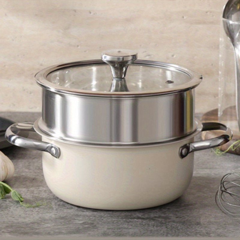 

1pc, Stainless Steel Soup Pot With Steamer, Cooking Pot, Small Milk Pot, Steaming Pot, Hot Pot Bread Pot, Cooker Soup Double Ear Frying Cooking Pot, Electric Magnetic Stove Gas Stove Universal Pot