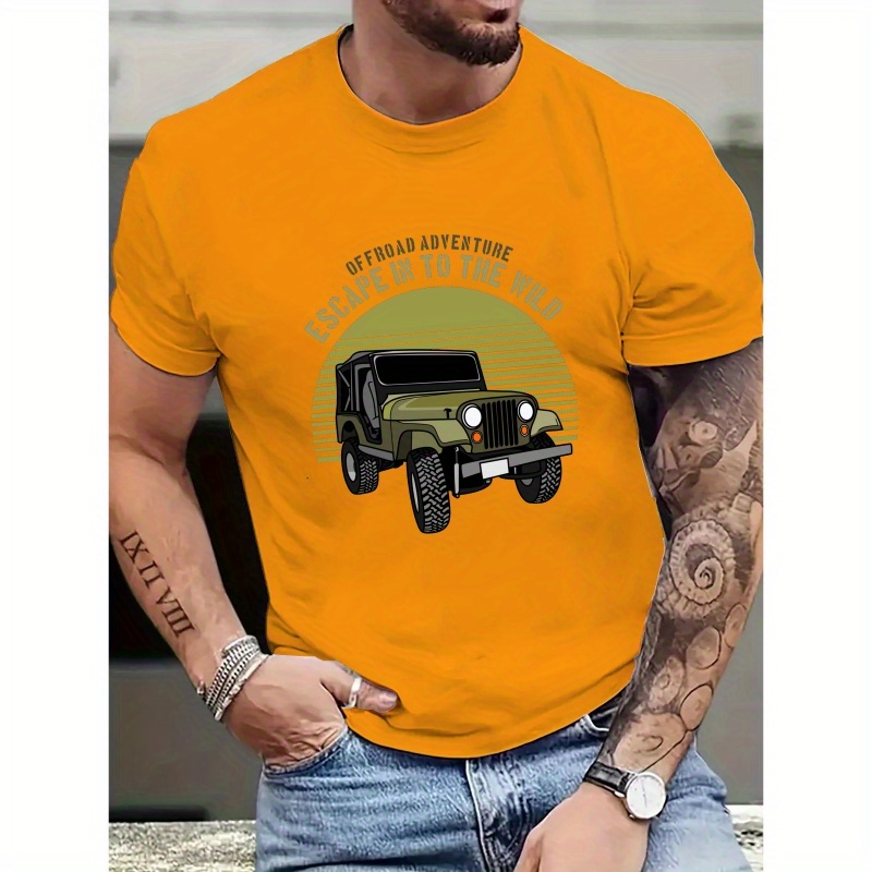 

Men's Adventure Off-road Vehicle Graphic Tee, "escape To The Wild" Print, Casual Round Neck Short-sleeve Fashion Top For Spring And Summer