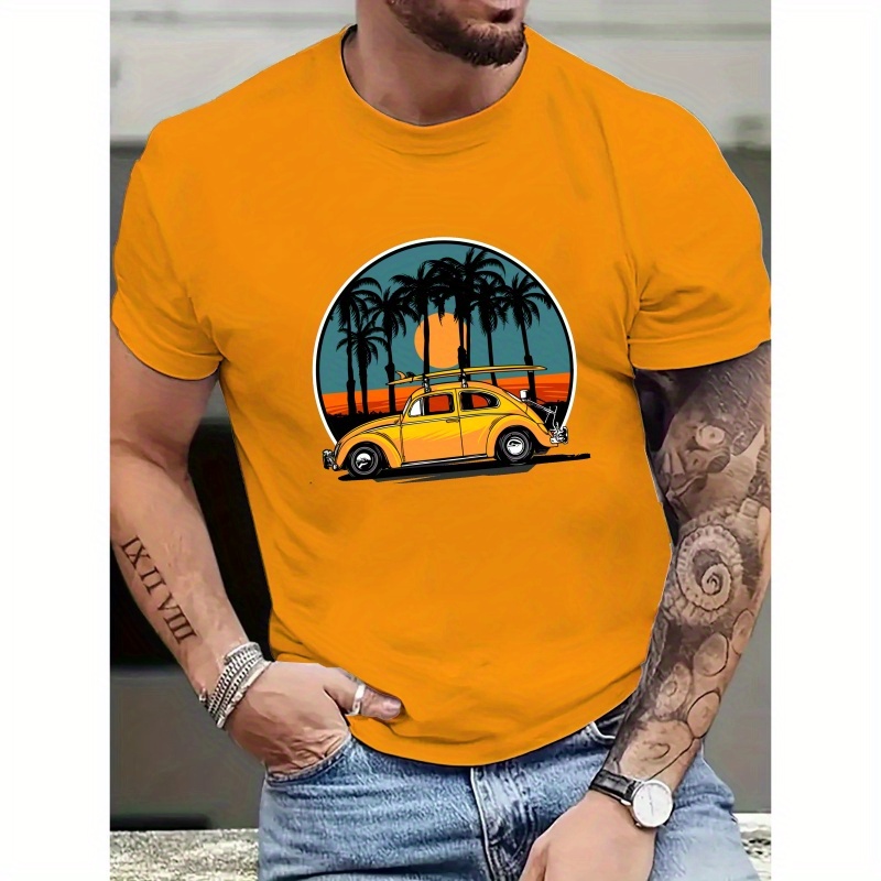 

Men' Car Graphic Tee, Short-sleeved, Round Neck, Casual Top, Spring And Summer Collection For Men