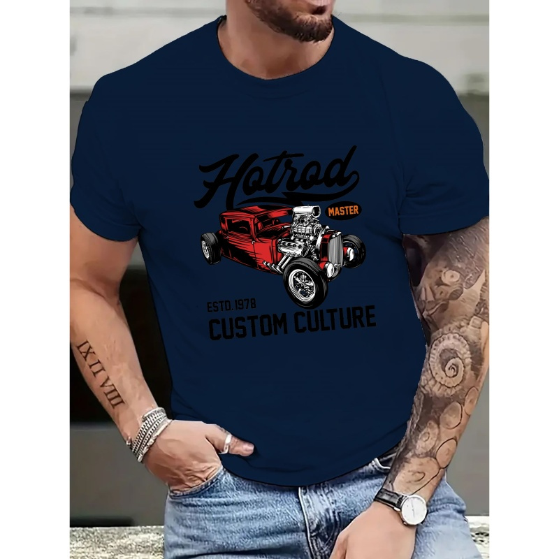 

Men's Vintage T-shirt, Classic Car Print Stylish Top, Fashion Trendy Round Neck Essential T-shirt, Retro Culture Shirt