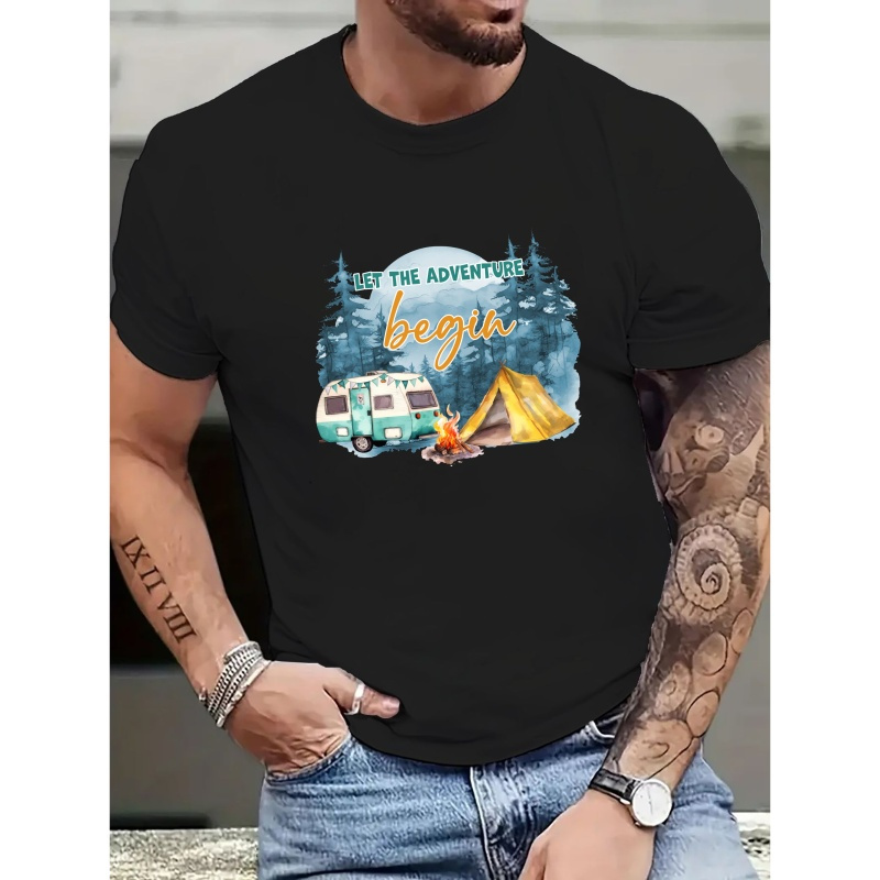 

Men's Casual & Fashion Short-sleeved T-shirt, "let The Adventure Begin" Camping Print, Round Neck Casual Versatile Top, Spring And Summer Basic Style