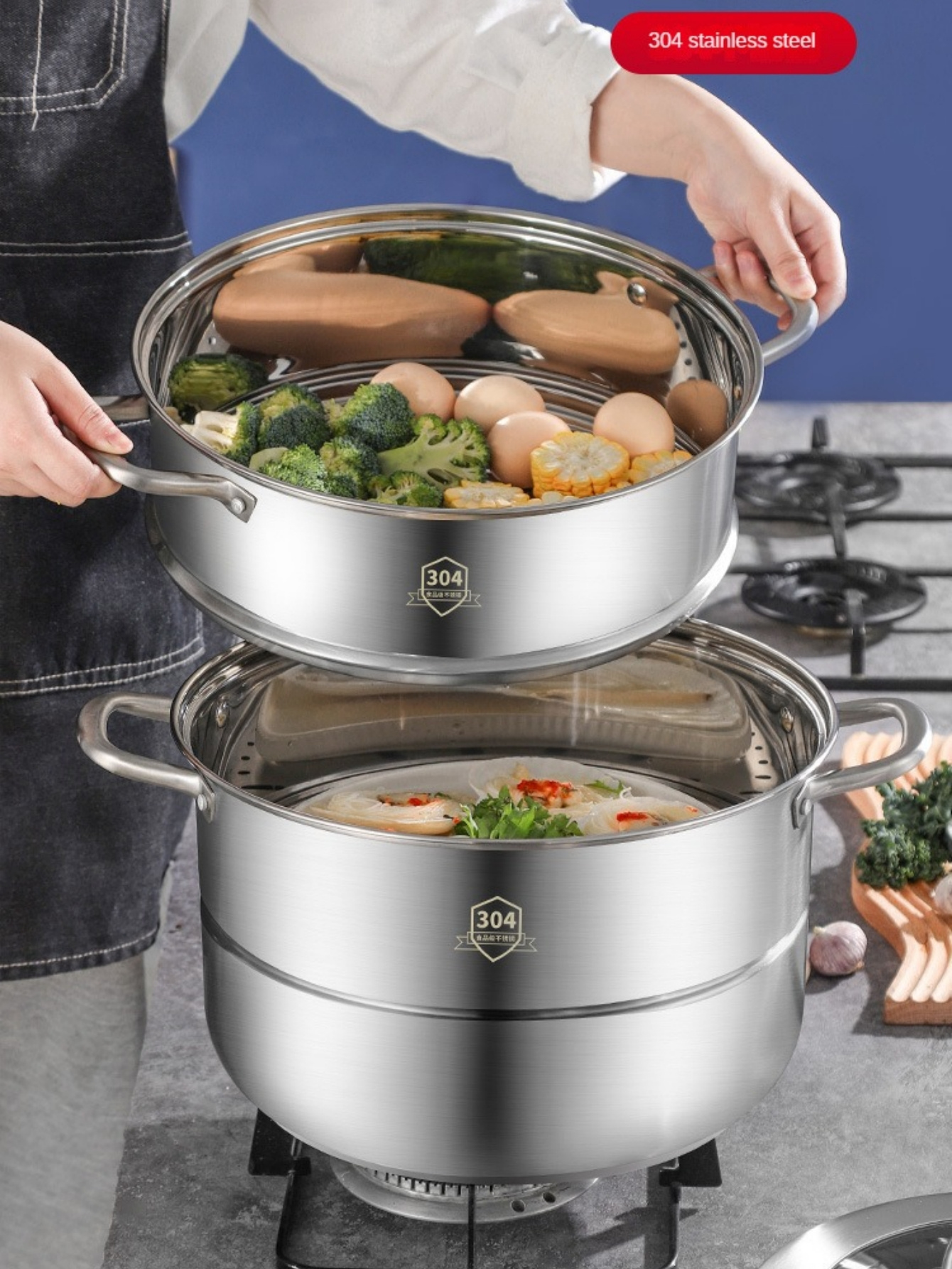 1 set 304 stainless steel 3 tier steamer large capacity   multi level steaming baskets for vegetables dumplings seafood induction gas stove compatible cookware details 5