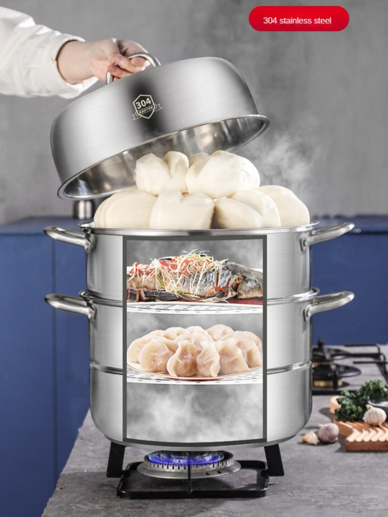 1 set 304 stainless steel 3 tier steamer large capacity   multi level steaming baskets for vegetables dumplings seafood induction gas stove compatible cookware details 8