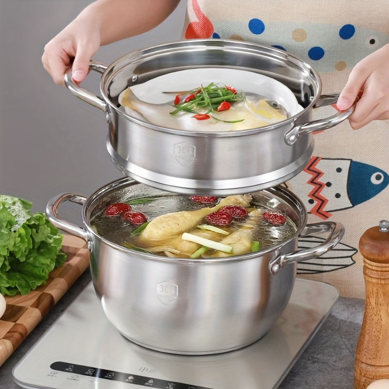 

1pc, Stainless Steel Steamer Pot, Sus304, Induction Compatible, Double Layer Steamer With Steaming Basket, Thickened Design For Dumplings, Mantou, Soup, Multi-use Home Kitchen Cookware