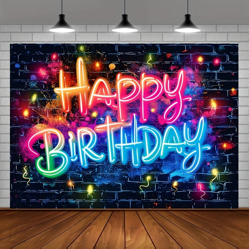 

1pc Glow Happy Birthday Backdrop Neon Glow In The Dark Party Decoration Brick Wall Splatter Graffiti Colorful Hip Hop Cool Teens Photography Background Banner Photo Shoot Decor Props