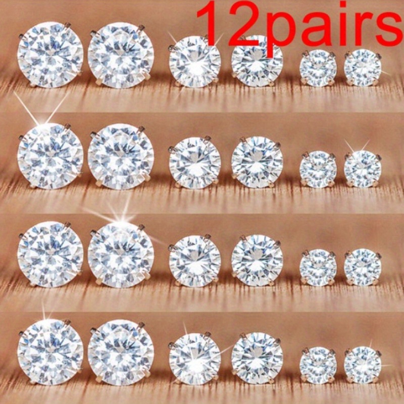 TEMU 12 Paires de Boucles d'Oreilles Rondes à 6 Griffes en de Cristal, Clous de Mode Faciles Multi-, Bijoux Parfaits pour Amoureux et Amis