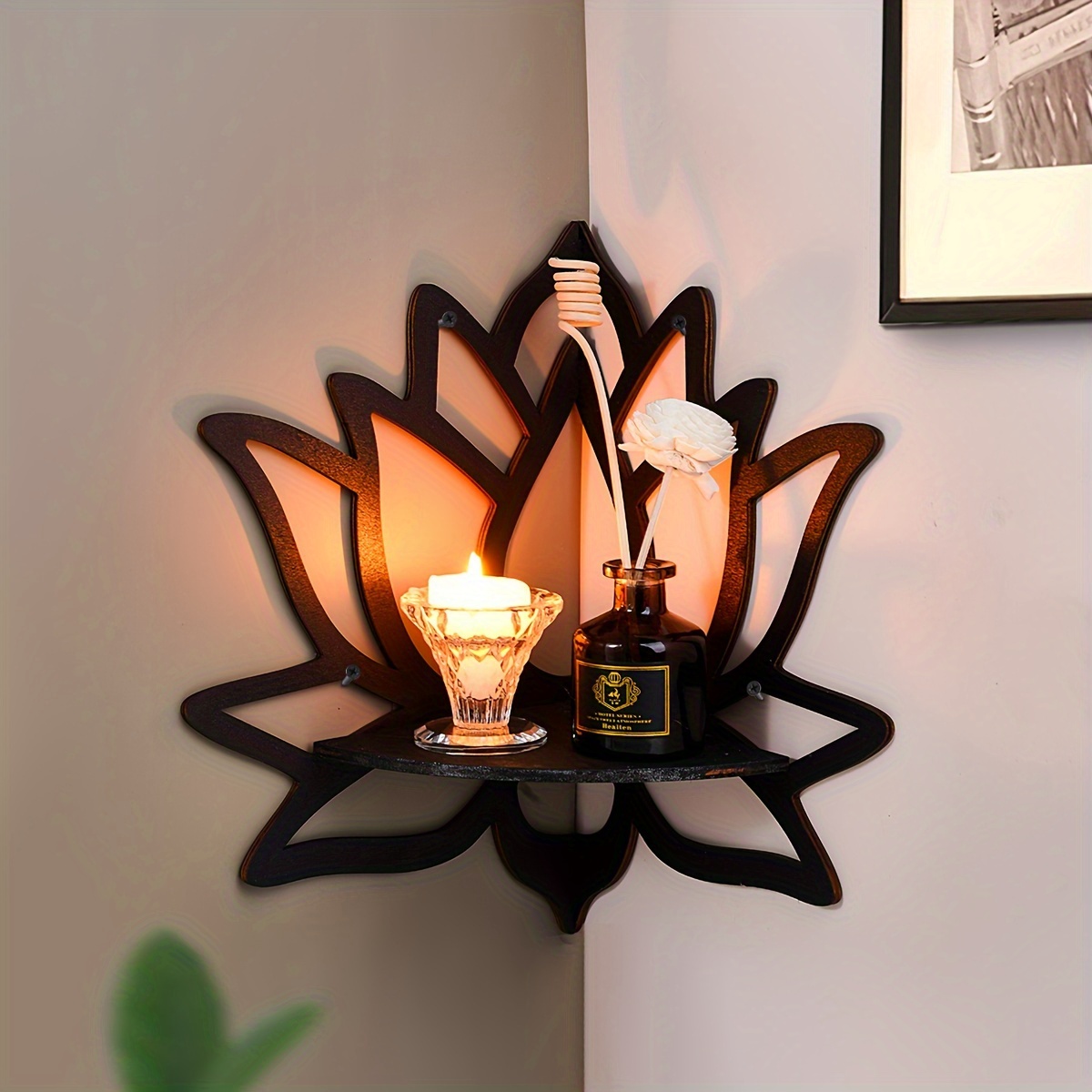 

Elegant Lotus Wooden Display Shelf - Multi-use For Candles, Crystals & Home Decor