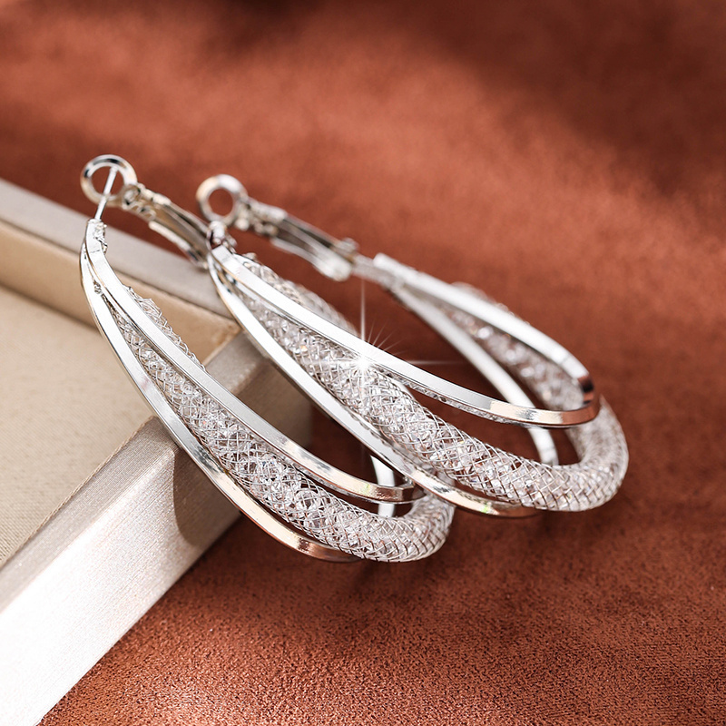 

Luxury, Elegant, And Exquisite Hoop Earrings Silver Plated Mesh Twisted Hoop Earrings Inlaid Shiny Zircon Ear Piercing Jewelry, Clothing Accessories, Party Gifts