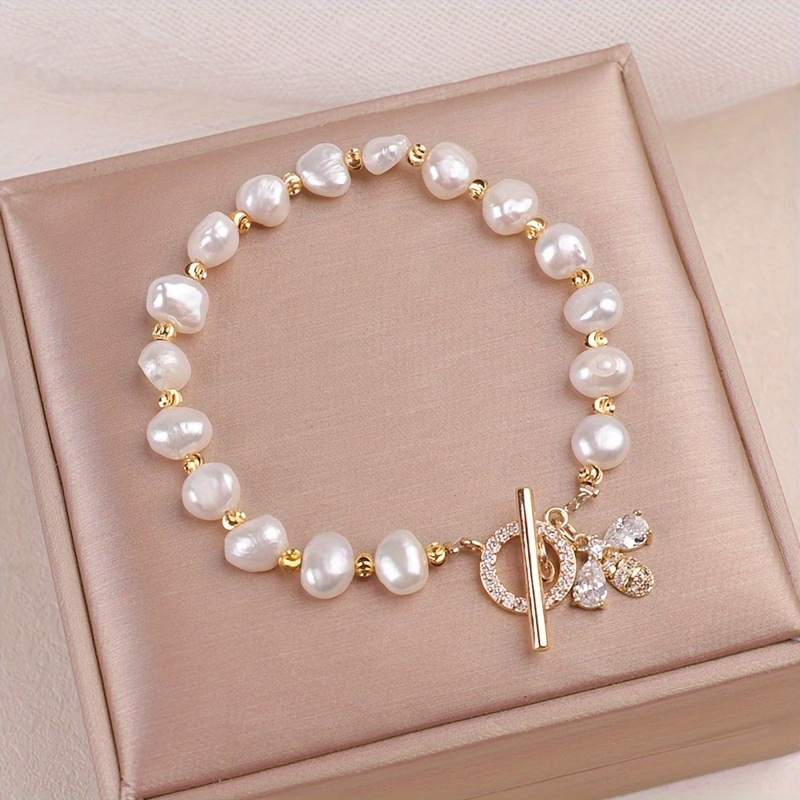 TEMU 1pc Elegant -inlaid & Bee Charm Bracelet Bohemian Minimalist Jewelry For Women, Wedding Anniversary Gift, Everyday & Special Occasion Accessory