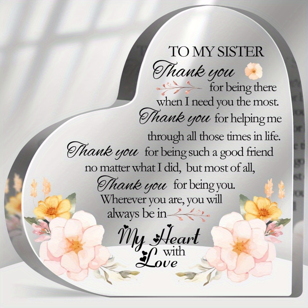 

Thank You Sister Gifts From Sister, Friendship Keepsake Acrylic, Thank You Presents For Women Friends Sister Besties Bff Birthday Gift, Desk Home Floral Decor Sign Plaque