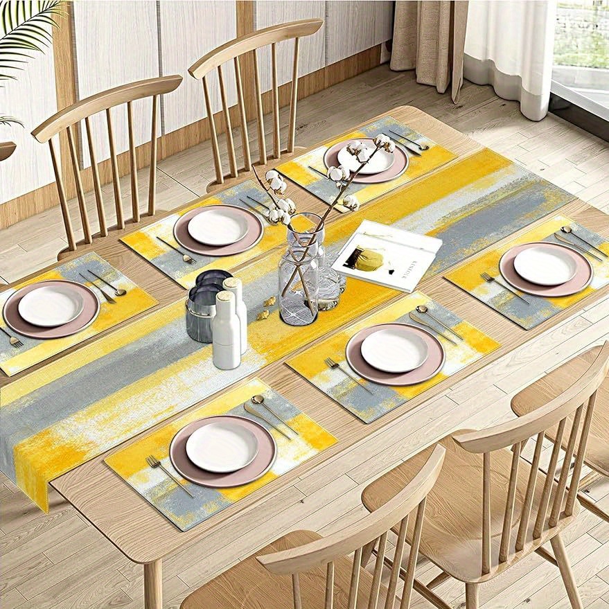 

1 Set, Table Decor Set, Yellow And Grey Abstract Art Printed Table Runner And 6 Placemats Set, Modern Linen Textile Table Pads, Washable Dining Decor For Indoor, Dining Table Decor