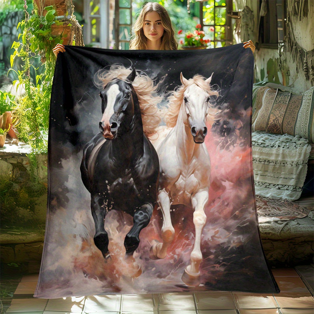 

1pc Black And White Horses Printed Blanket, 4 Season Blankets Suitable For Sofas, Beds, Living Rooms, Travel, Outdoor Camping