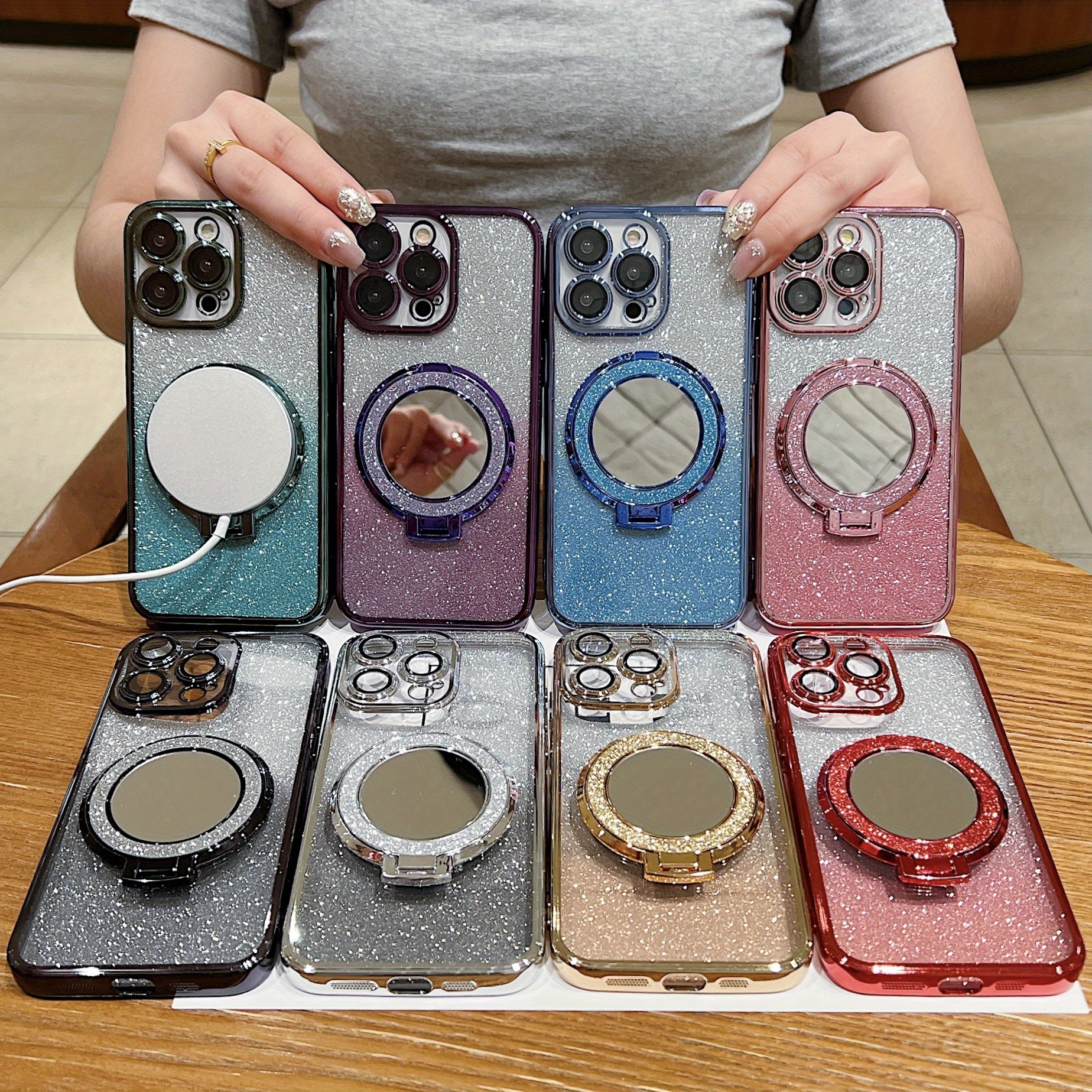 

A Phone Case With Electroplated Lens Film Gradient + Magnetic Ring Flash Powder Mirror Stand Suitable For Iphone15 14 13 12 11 Pro Plus Promax